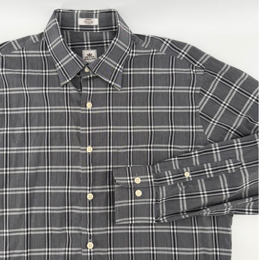 Peter Millar Button Down Shirt Mens Medium Grey Plaid Long Sleeve Cotton Classic